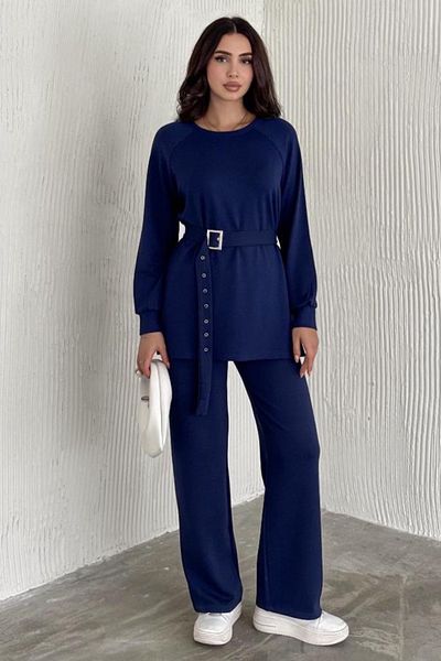 Ded COLLECTION Women's Modal Fabric Belt Detailed Long Sleeve Tunic Wide Leg Pants Set