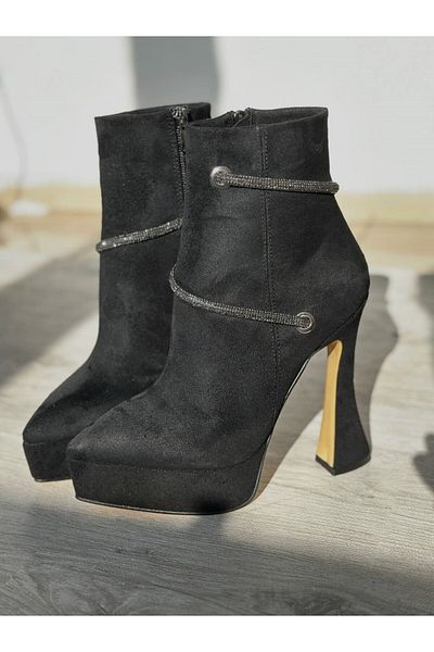 SHOEBOURNE Black Suede Pointed Toe Stylish High Heel Platform Boots with Stone Detail
