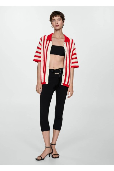 MANGO Woman Striped Openwork Knitted Cardigan