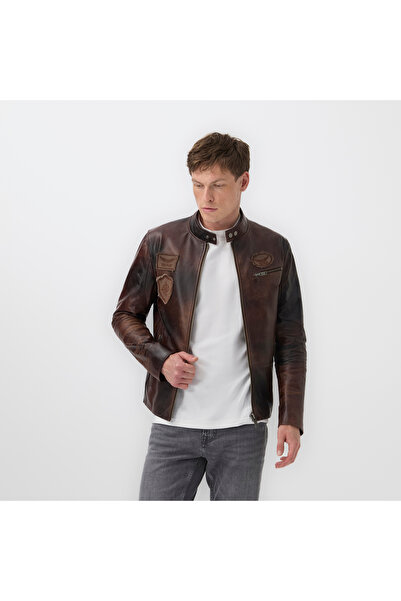Desa Kahve Erkek Vintage Deri Biker Ceket