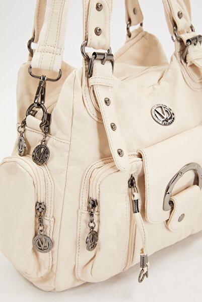 Levidor Λευκή δερμάτινη τσάντα ώμου πολλαπλών τμημάτων