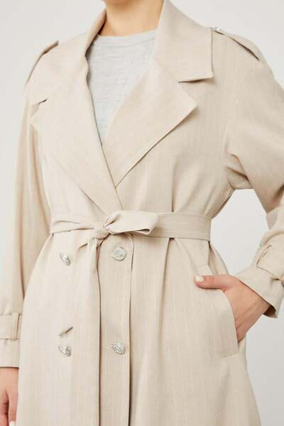 Levidor Bej Çizgili Desen Kuşak Kapamalı Trençkot