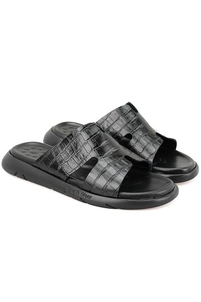 Desa Fabiola Black Men's Crocodile Printed Leather Slippers