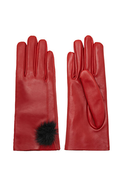 Desa Red Women's Fur Detailed Leather Gloves