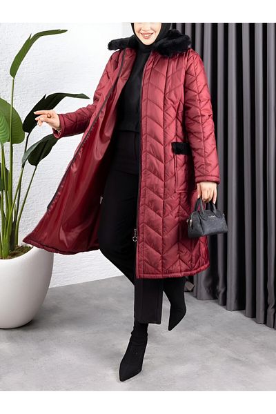 Modamorfo Burgundy Quilted Coat - Fur Collar with Belt and Pockets
