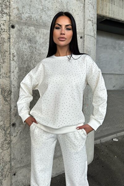 Ded COLLECTION Γυναικείο κάτω μπλουζάκι με πέτρινη λεπτομέρεια με λαιμόκοψη μακρυμάνικο φαρδύ πόδι Κομψό άνετο σετ δύο τεμαχίων