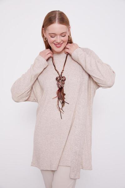 Levidor Beige Ethnic Necklace Corduroy Cashmere Tunic