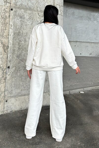 Ded COLLECTION Γυναικείο κάτω μπλουζάκι με πέτρινη λεπτομέρεια με λαιμόκοψη μακρυμάνικο φαρδύ πόδι Κομψό άνετο σετ δύο τεμαχίων