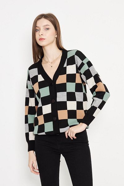 Irmak Kerekli Black Gray Square Patterned Oversize Knitwear Women's Cardigan 1905