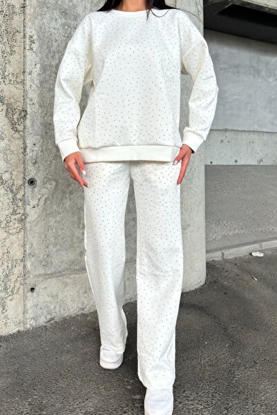 Ded COLLECTION Γυναικείο κάτω μπλουζάκι με πέτρινη λεπτομέρεια με λαιμόκοψη μακρυμάνικο φαρδύ πόδι Κομψό άνετο σετ δύο τεμαχίων