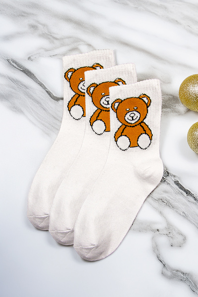 Tozlu Yaka 3 أزواج من الجوارب الرياضية النسائية منقوشة على شكل دمية دب - لون ...