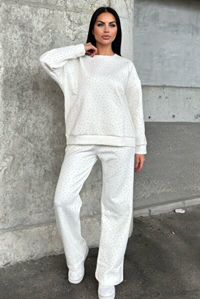 Ded COLLECTION Γυναικείο κάτω μπλουζάκι με πέτρινη λεπτομέρεια με λαιμόκοψη μακρυμάνικο φαρδύ πόδι Κομψό άνετο σετ δύο τεμαχίων