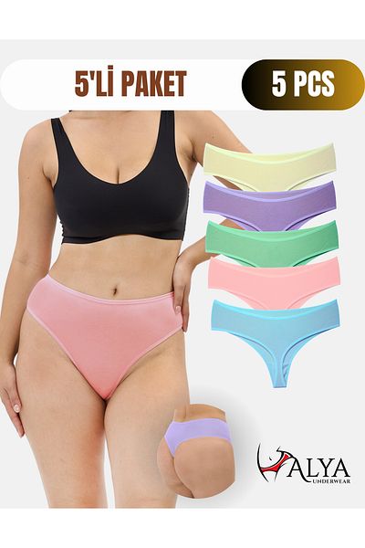ALYA UNDERWEAR High Waist Recovery Thong Briefs - Cotton String Underwear - Colorful - 5 Pcs