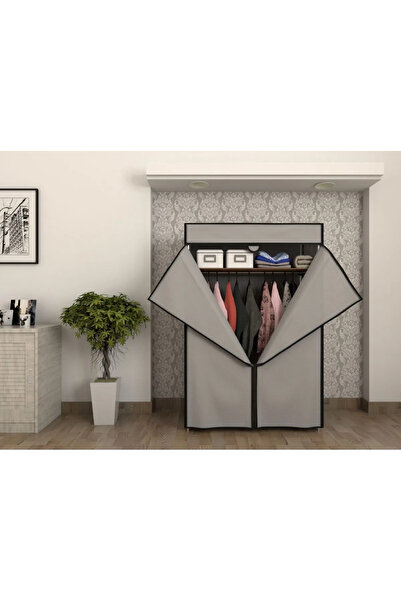 Home Dzgn Home Metal Çelik Borulu Plastik Raflı Ekonomik Bez Dolap Gardırop Portatif Gardırop-Gri