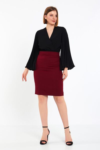 Blue Black Classic Cut, Knee Length High Waist Burgundy Pencil Skirt