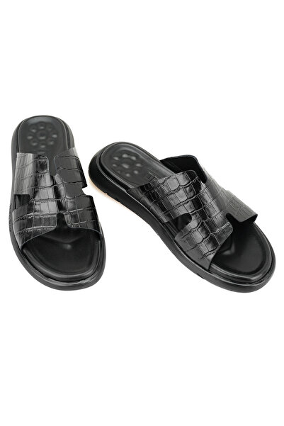 Desa Fabiola Black Men's Crocodile Printed Leather Slippers