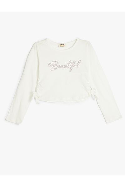 Koton New Season Crop T-Shirt Side Gathered Tie-Up Long Sleeve Crew Neck Cotton
