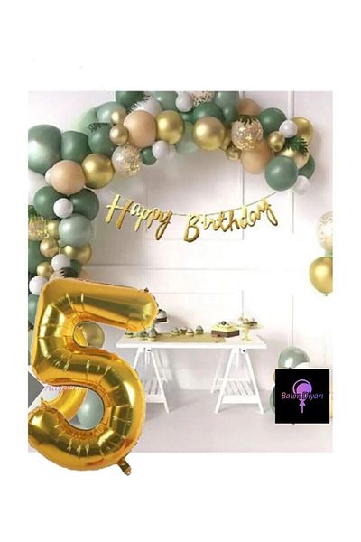 BALON DİYARI 50 Pieces Balloon Luxury Pink Mold Green Gold 5 Years Balloon Set