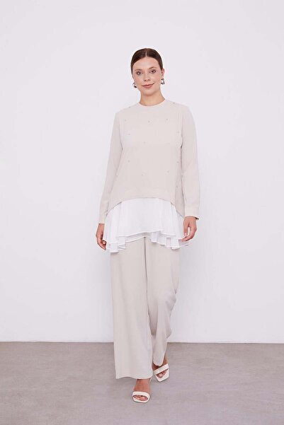 Levidor Beige Chiffon Detailed Tunic Suit