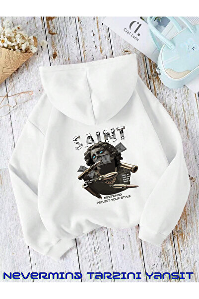 NEVERMIND Unisex Saint Nevermind Slogan Oversize φούτερ με κουκούλα - 3 κλωστές