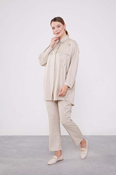 Levidor Stone Sequin Embroidered Lake Collar Double Set