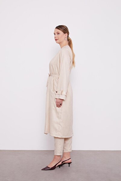 Levidor A.Beige Embroidered Melange Kimono Triple Suit