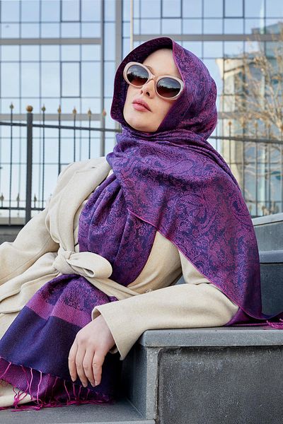 Levidor Purple Tasseled Ethnic Cashmere Silk Shawl