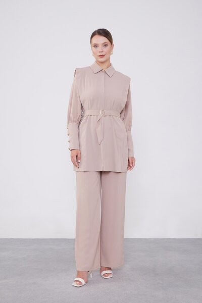 Levidor K.Beige Belt Detailed Chiffon Double Set