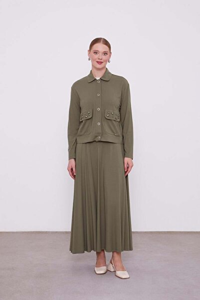 Levidor Khaki Stone Embroidered Short Jacket Skirt Suit