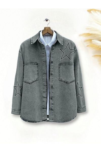 Modamorfo Smoked Star Stone Printed Double Pocket Denim Jacket