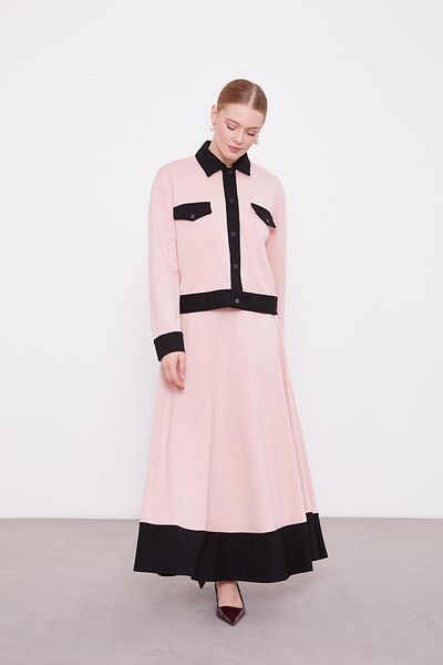 Levidor Powder-Black Shirt Collar Snap Fastener Combed Cotton Skirt Suit