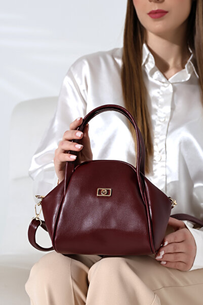 Encool Claret Red Small Size Women's Gold Buckle Zipper and Snap Detailed Cross Strap Shoulder and Hand Bag Stylish