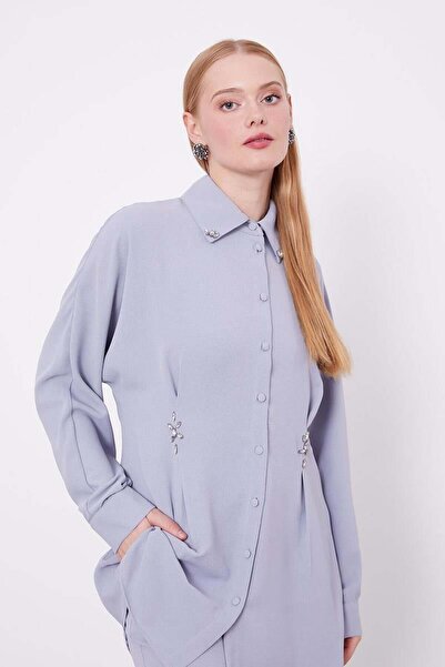 Levidor A.Gray Stone Crepe Detailed Tunic Suit