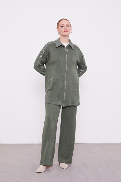 Levidor Haki Kolları Taş İşlemeli Kaşmir İkili Takım