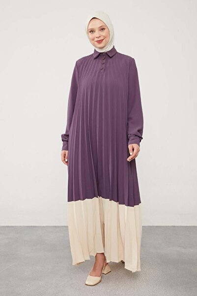 Levidor فستان أرجواني مطوي بحزام مزدوج اللون