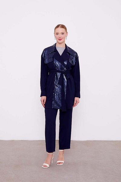 Levidor Navy Blue Sequin Embroidered Belt Tie down Jacket Set