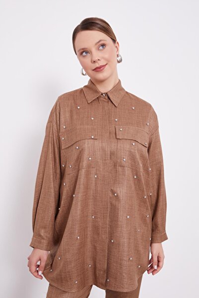 Levidor Latte Stone Embroidered Melange Shirt Double Set
