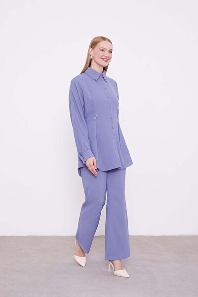 Levidor Blue Stone Crepe Detailed Tunic Suit