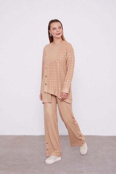 Levidor K.Beige Asymmetrical Cut Crow's Feet Patterned Tunic Suit
