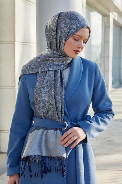 Levidor Navy Blue Tasseled Ethnic Cashmere Silk Shawl