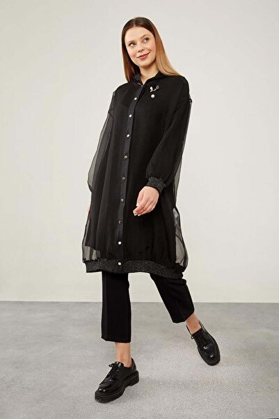 Levidor Μαύρο με κουκούλα Σετ τουνίκ με λεπτομέρεια από σιφόν τούλι