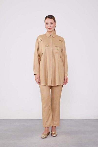 Levidor K.Beige Sequin Embroidered Lake Collar Double Set