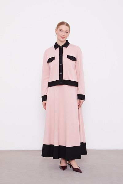 Levidor Powder-Black Shirt Collar Snap Fastener Combed Cotton Skirt Suit