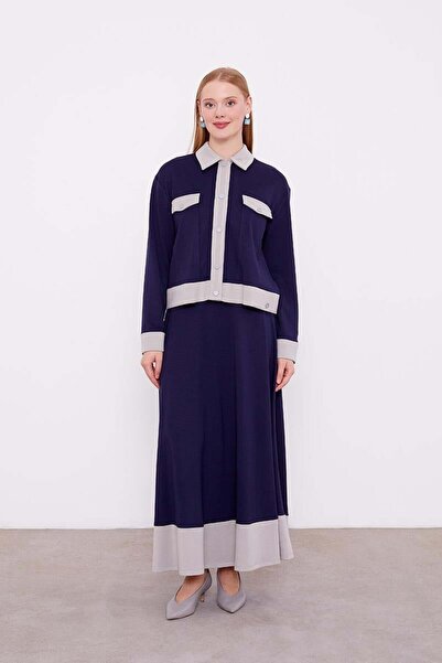 Levidor Navy Blue-Grey Shirt Collar Snap Fastener Skirt Suit