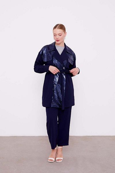 Levidor Navy Blue Sequin Embroidered Belt Tie down Jacket Set