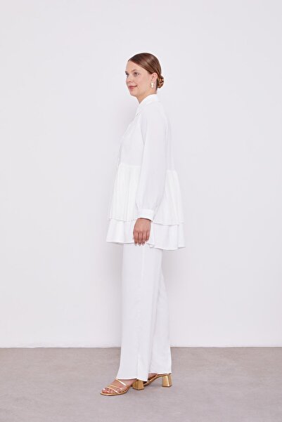 Levidor Ecru Chiffon Pleated Shirt Double Set