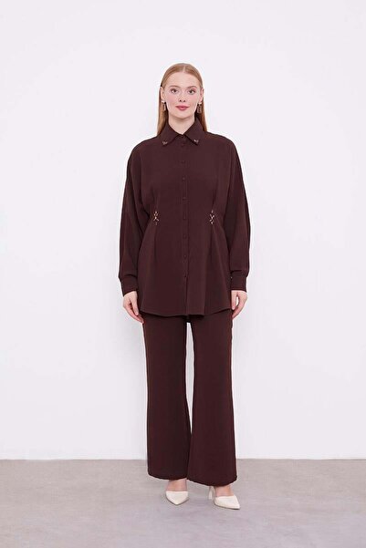 Levidor Bitter Brown Stone Crepe Detailed Tunic Suit