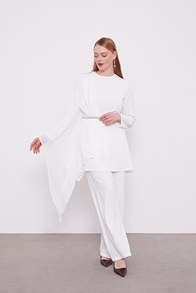 Levidor Ecru Stone Embroidered Chiffon Double Set