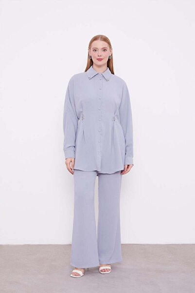 Levidor A.Gray Stone Crepe Detailed Tunic Suit