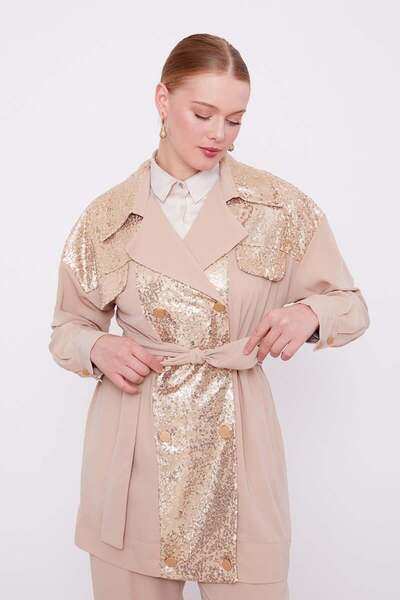 Levidor K.Bej Payet İşlemeli Kuşak Bağlamalı Ceket Takım